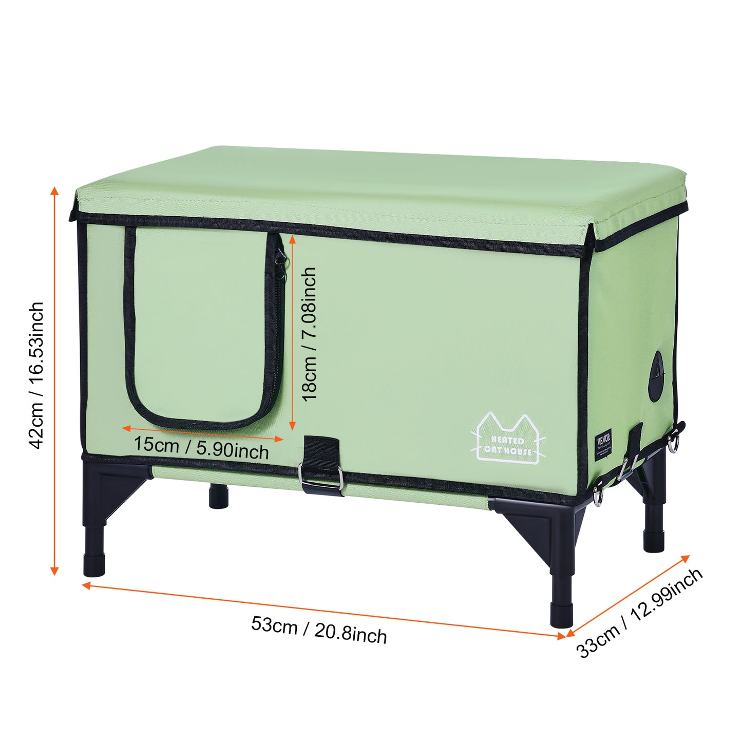 VEVOR Niche chauffante surélevée pour chat, abri rectangulaire vert avec coussin chauffant inclus - Taille M