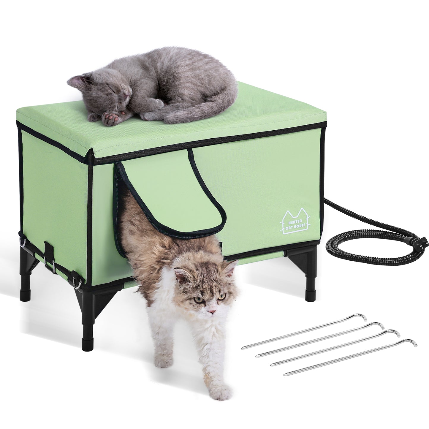 VEVOR Niche chauffante surélevée pour chat, abri rectangulaire vert avec coussin chauffant inclus - Taille M