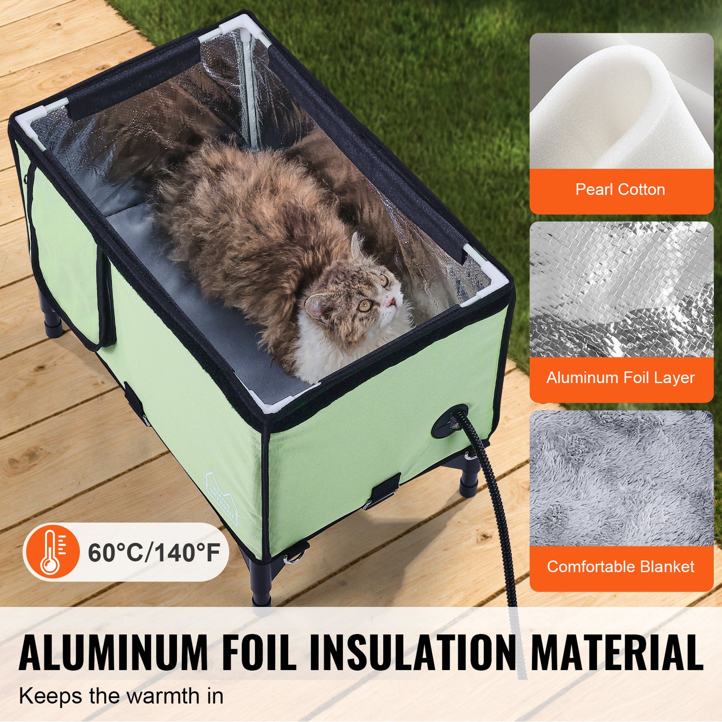 VEVOR Niche chauffante surélevée pour chat, abri rectangulaire vert avec coussin chauffant inclus - Taille M